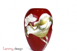 Red ceramic vase with cupped mouth hand-painted with lotus 19*H28cm